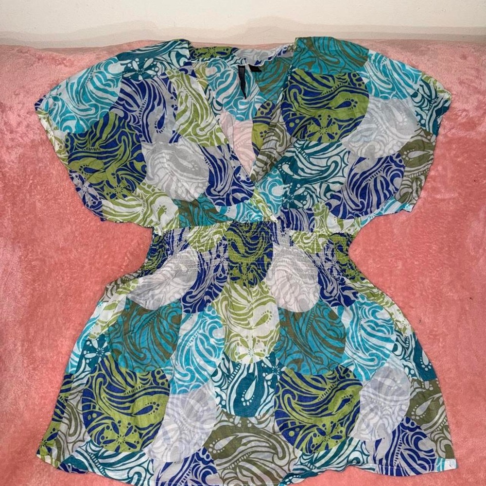 Nine West Jeans Y2K Abstract Paisley V-Neck Smocked Waist Top, Size L